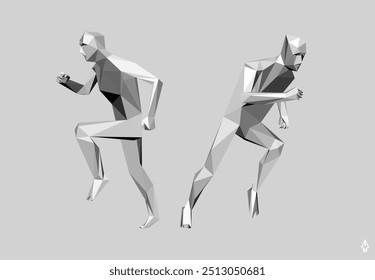 Running man or marathon runner. Two athletes race to victory. 3D human body model. Design for sport. Vector illustration for cover, card, postcard, banner, poster, brochure or presentation.