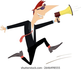 Running man with megaphone. News. Advertisement. Cartoon man runs with megaphone and makes announcement