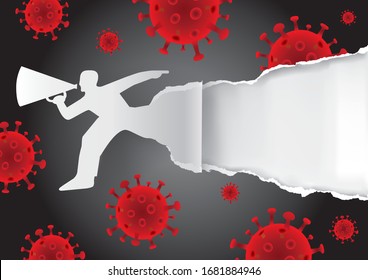 Running Man with megaphone ripped paper with Coronavirus symbols.
Expressive Template for announcement, poster for coronavirus pandemic theme. Place for your text or image. Vector available.