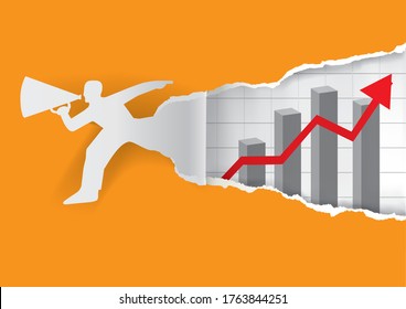 
Running Man with megaphone and rising graph.
Paper male silhouette ripping orange paper with Business chart with red arrow going up. Vector available.