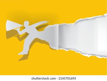 Running Man with megaphone tearing yellow paper. 
Illustration of torn paper male silhouette. Template for banner, place for your text or image. Vector available.