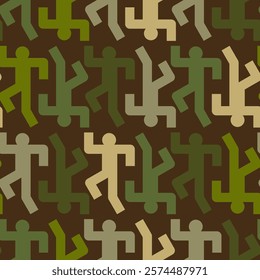 Running man Military pattern seamless. Run Army background. Protective Khaki Soldier and Fishing texture