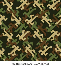Running man Military pattern seamless. Run Army background. Protective Khaki Soldier and Fishing texture
