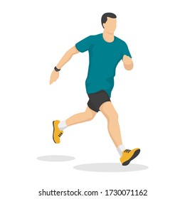 Running man in modern style vector illustration, healthy person simple flat shadow isolated on white background.