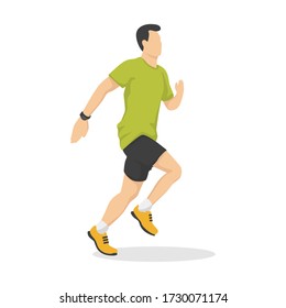 Running man in modern style vector illustration, healthy person simple flat shadow isolated on white background.