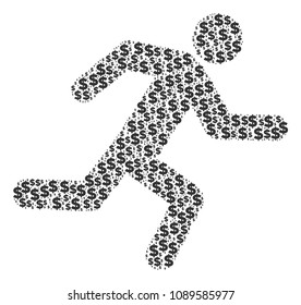 Running man mosaic of dollars and circle spots. Vector banking pictograms are arranged into running man collage.