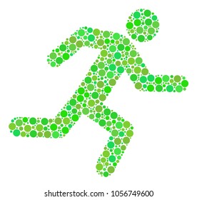 Running Man mosaic of dots in various sizes and fresh green color hues. Vector circle elements are combined into running man illustration. Organic design concept.