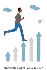 Running man. Moving up with motivation. Steps diagram with arrow. Achievement of the goal. Career growth. 
