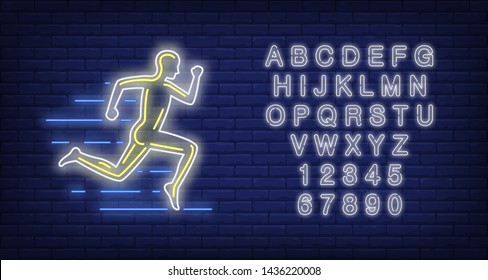 Running man neon sign. Silhouette of guy running fast on brick wall background. Vector illustration in neon style for banners, signboards, flyers