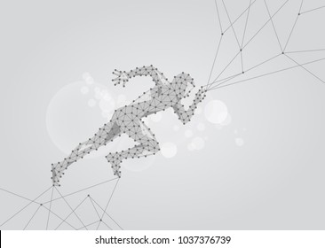 Running Man. Network connection turned into.  Light connection structure. Low poly vector background.