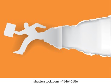 Running man with office paper.
Paper man silhouette ripping orange paper with place for your text or image. Template for a original advertisement. Vector available.
