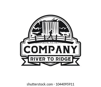 Running Man on the Bridge with View of the Waterfall Symbol Silhouette Company Logo Vector