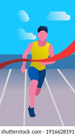 Running man on the finish line. Winner of competitions. Man training for some competitions. Vector illustration in minimalist style