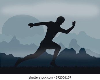 Running man on mountains during fog on night
