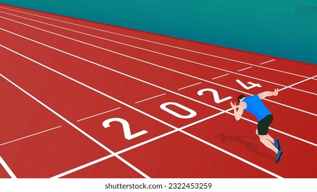 Running man on number 2024 athletics track, New Year concept flat illustration vector.