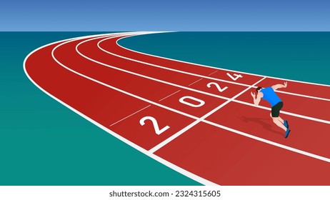 Running man on number 2024 athletics track, New Year concept flat illustration vector.