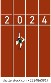 Running man on number 2024 athletics track, New Year concept flat illustration vector.