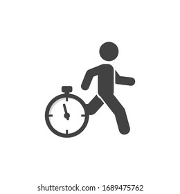 Running man on time icon. Avatar figure. Clock running out warning. Check in interval. Flat Illustration. Black white vector. Product service brand logo. Board label banner. App logo.