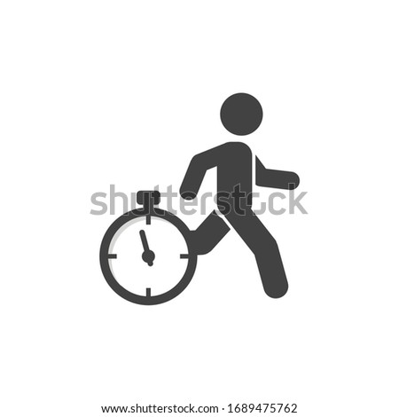 Running man on time icon. Avatar figure. Clock running out warning. Check in interval. Flat Illustration. Black white vector. Product service brand logo. Board label banner. App logo.