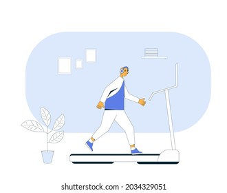 Running man on treadmill at home. Jogger at fitness club, gym. Fight against hypodynamia. Vector illustration.