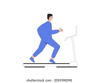 Laufender Mann auf Laufband einzeln auf weißem Hintergrund. Jogger im Fitnessclub, Fitnessraum. Vektorgrafik.