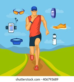 Running Man Outdoor Vector Illustration. Running Gear. Accessories for Run and Outdoor Cardio Workout.