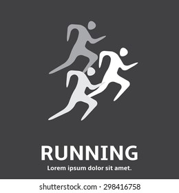 Running man, people  - silhouette vector icon. White, greyscale runners on dark grey background.