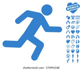 Running Man pictograph with bonus dating pictures. Vector illustration style is flat iconic cobalt symbols on white background.