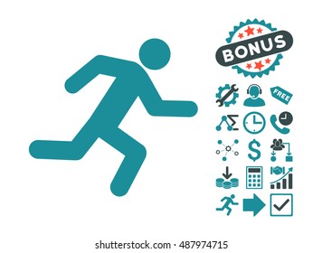 Running Man pictograph with bonus design elements. Vector illustration style is flat iconic bicolor symbols, soft blue colors, white background.