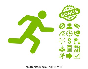 Running Man pictograph with bonus icon set. Vector illustration style is flat iconic symbols, eco green color, white background.