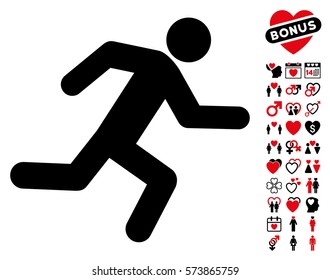 Running Man pictograph with bonus valentine pictograms. Vector illustration style is flat iconic intensive red and black symbols on white background.