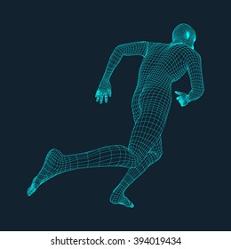 Running Man. Polygonal Design. 3D Model of Man. Geometric Design. Business, Science and Technology Vector Illustration. 3d Polygonal Covering Skin. Human Polygon Body. Human Body Wire Model. 