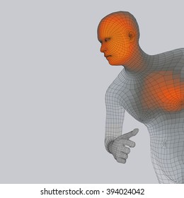 Hombre en ejecución. Diseño poligonal. Modelo 3D de hombre. Diseño Geométrico. Ilustración de vectores de negocios, ciencia y tecnología. 3 quinquies Cubierta Polígona Piel. Cuerpo de polígono humano. Modelo de cable corporal humano. 