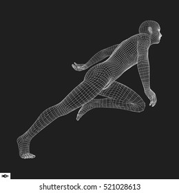 Hombre en ejecución. Diseño poligonal. Modelo 3D de hombre. Diseño Geométrico. Ilustración de vectores de negocios, ciencia y tecnología. 3 quinquies Cubierta Polígona Piel. Cuerpo de polígono humano. Modelo de cable corporal humano. 