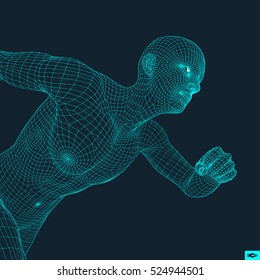 Running Man. Polygonal Design. 3D Model of Man. Geometric Design. Business, Science and Technology Vector Illustration. 3d Polygonal Covering Skin. Human Polygon Body. Human Body Wire Model.