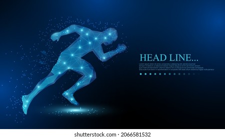 Running man. Polygonal Wireframe 3D model blueprind with Dots. Vector Illustration