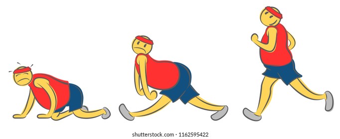 A running man pose in various emotion. Tired guy runner taking a rest. Athlete character fell to the ground without strength. Stopping to get air. Run, get tired, get down. Doodle vector illustration.