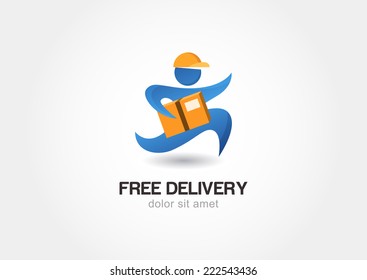 Running man with postal box. Courier with parcel. Delivery themes vector logo design template.