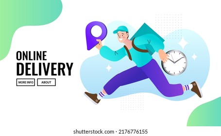 Running man with postal box. express delivery service. delivery man running at speed. free shipping from internet shop and online store. Vector outline flat illustration. EPS 10