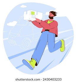 The Running man with postal box. Messenger fast express shipping creative flat design vector concept.