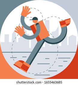 Running man in a primitive flat style. Geometric design. Full-length man in profile. Sprinter. Abstract vector silhouette. Bauhaus, Swiss design. Schematic person.