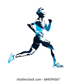 Running man profile, blue abstract vector silhouette