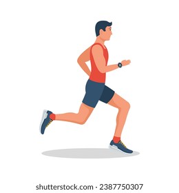 Running man, profile view. Isolated on white background. Young attractive male. Active lifestyle. Sports and fitness. Vector illustration flat design. Athletic body. Isolated on white background.