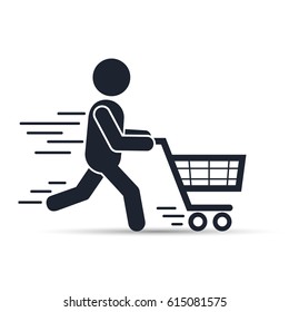 Running man pushing shopping cart icon. Vector shopping illustration.