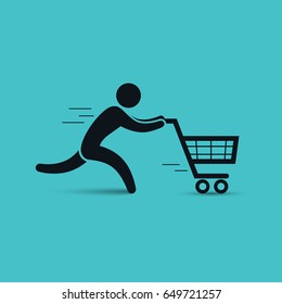 Running man pushing shopping cart icon. Vector shopping sale illustration.