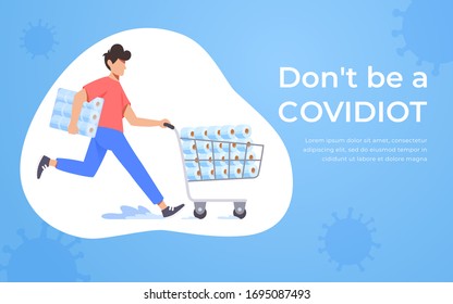 Running man pushing supermarket trolley full of toilet paper. Coronavirus panic 2020 concept. Stocking up toilet paper for home quarantine. Panic Covid-19 outbreak. Covidiot