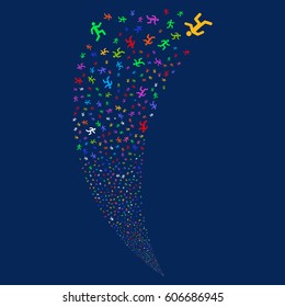 Running Man random fireworks stream. Vector illustration style is flat bright multicolored iconic symbols on a blue background. Object fountain constructed from scattered design elements.