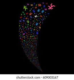 Running Man random fireworks stream. Vector illustration style is flat bright multicolored iconic symbols on a black background. Object fountain constructed from scattered pictographs.