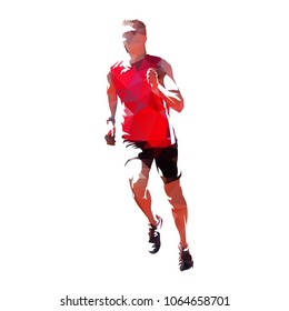 Running man in red jersey, polygonal vector illustration of marathon runner