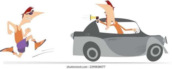 Running man and riding on the car coach or supporter illustration. 
Trainer or supporter with megaphone rides on the car in front of the running man and supports him. Isolated on white background
